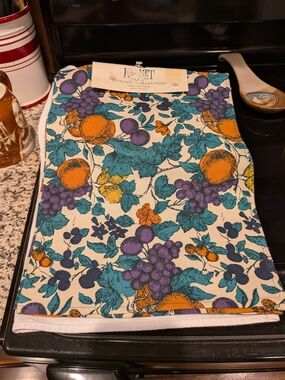 KISMET Cotton Kitchen Towel in Teal, Purple & Orange Fruit NWT New Old Stock